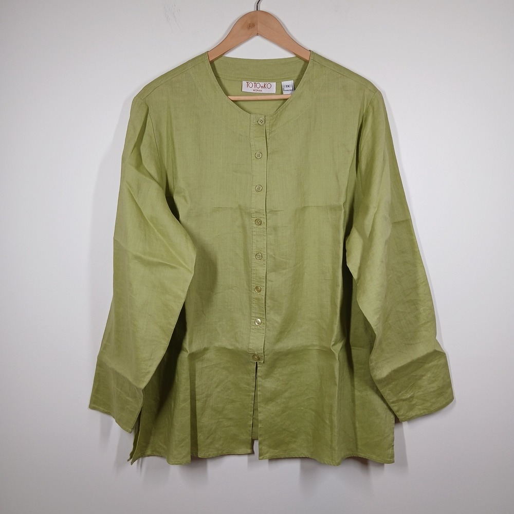 TOTOnKO Linen Top Women 1X Mustard Yellow Linen Button Front Lagenlook Blouse